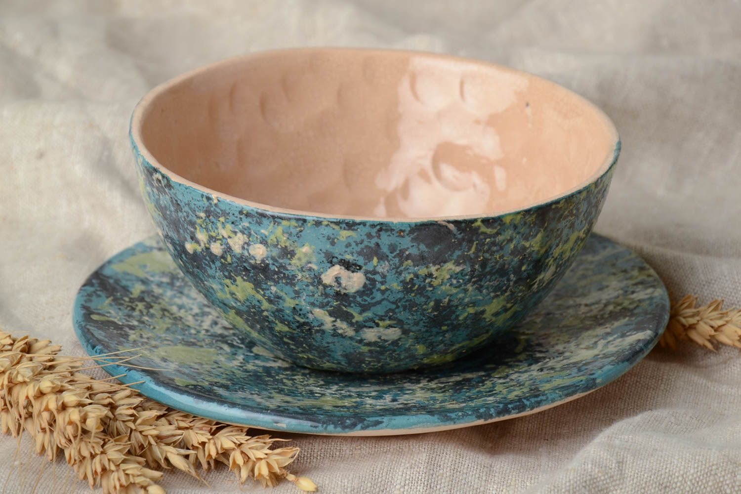 Handmade decorative painted glazed ceramic bowl 500 ml and saucer set of 2 items photo 1