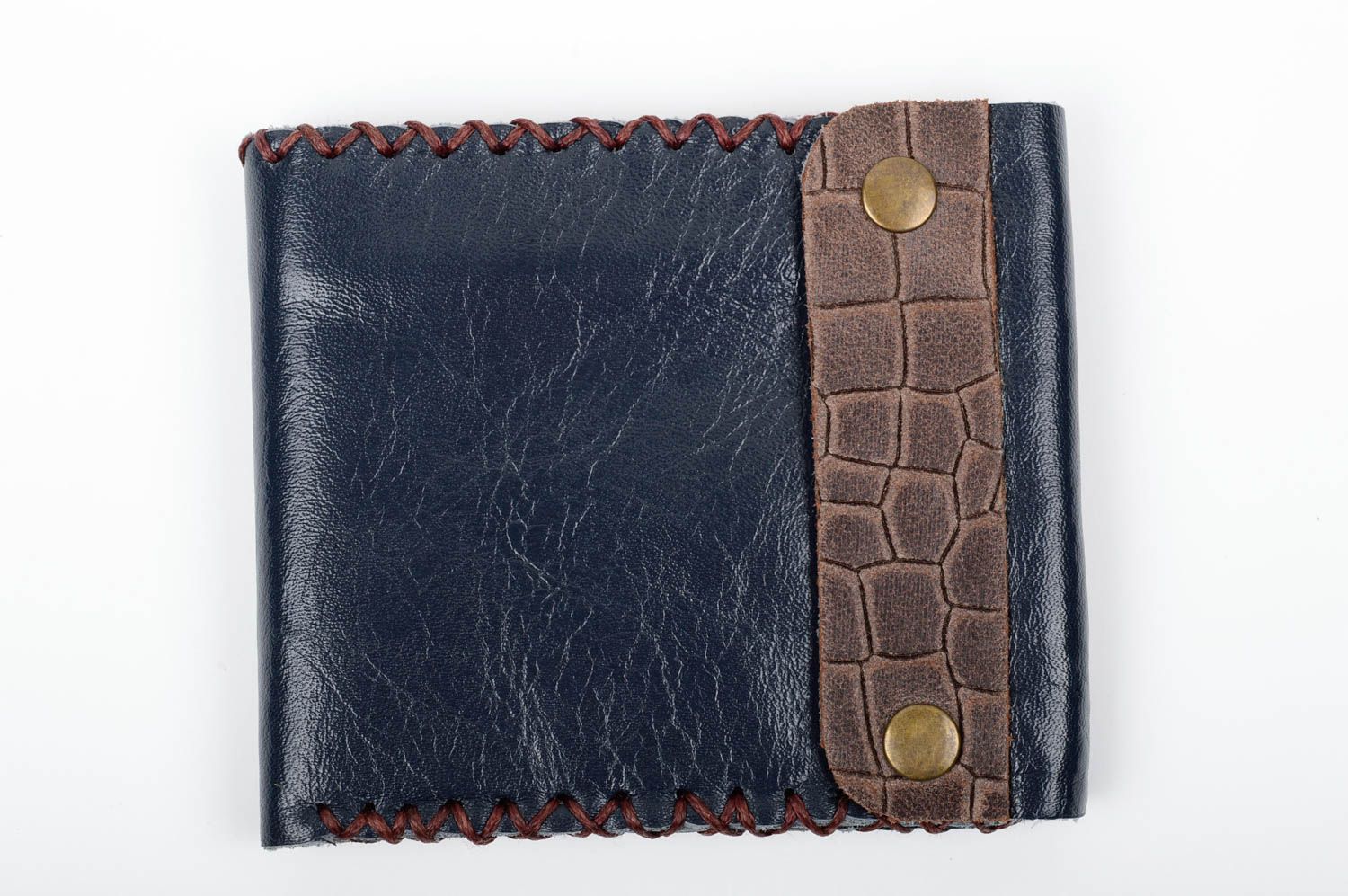 Синий бумажник из натуральной кожи ручной работы для мужчины на кнопках фото 1