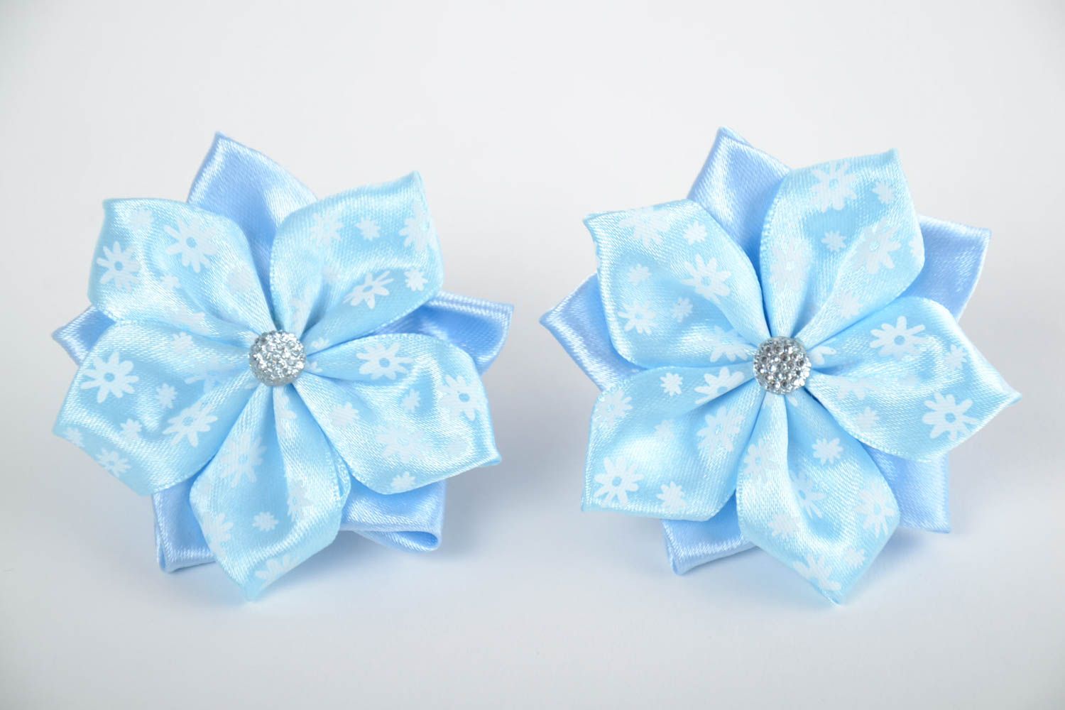 Set of 2 handmade children's blue textile flower hair ties kanzashi photo 4