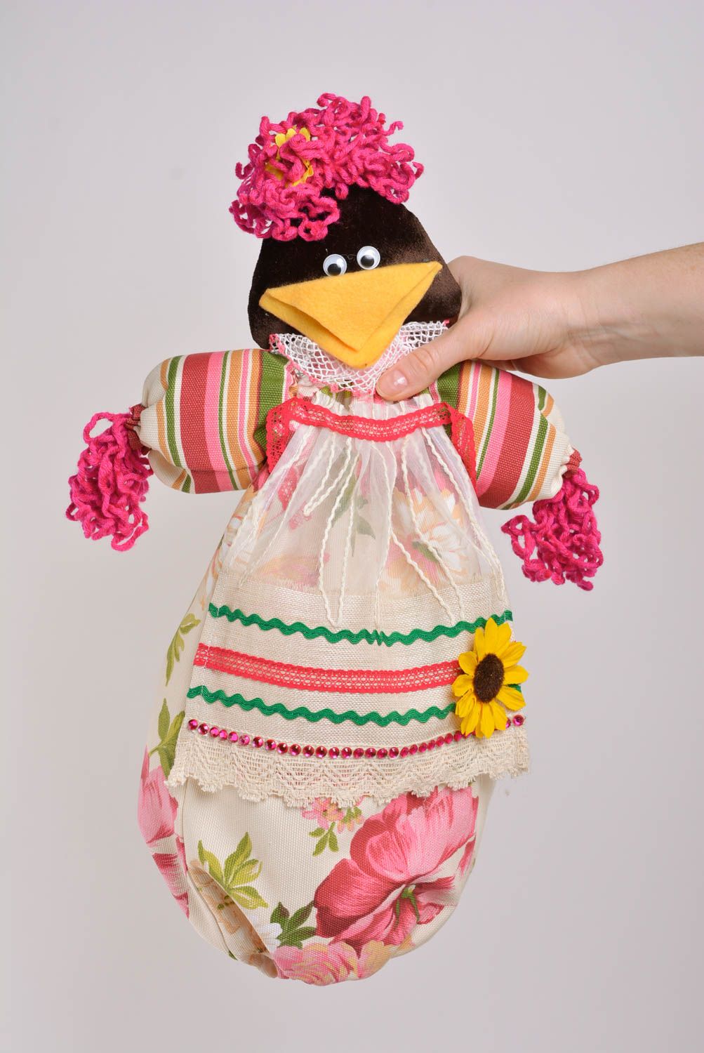 Handmade interior soft toy sewn of fabrics for plastic bags storage Crow photo 3