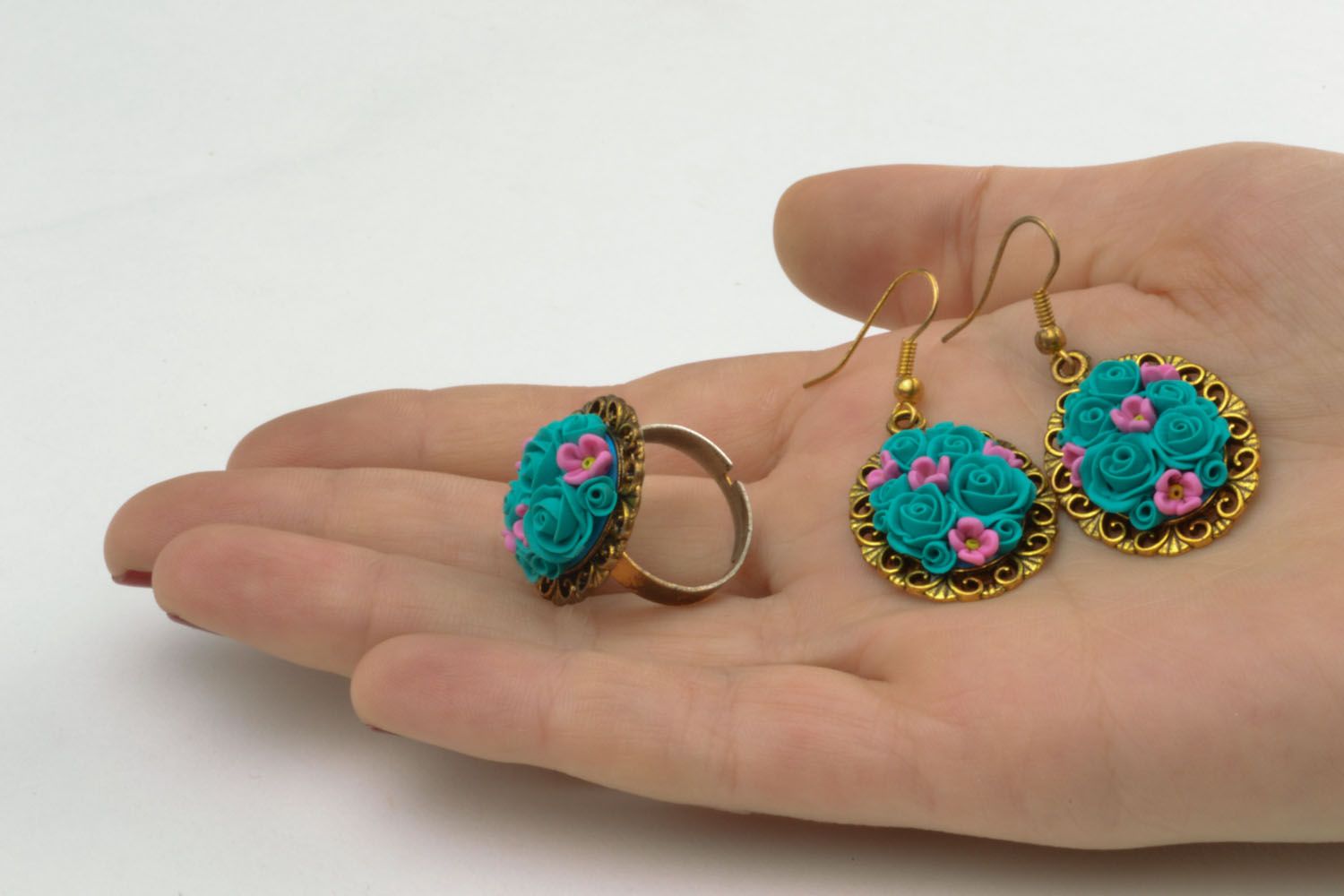Vintage polymer clay ring and earrings photo 2