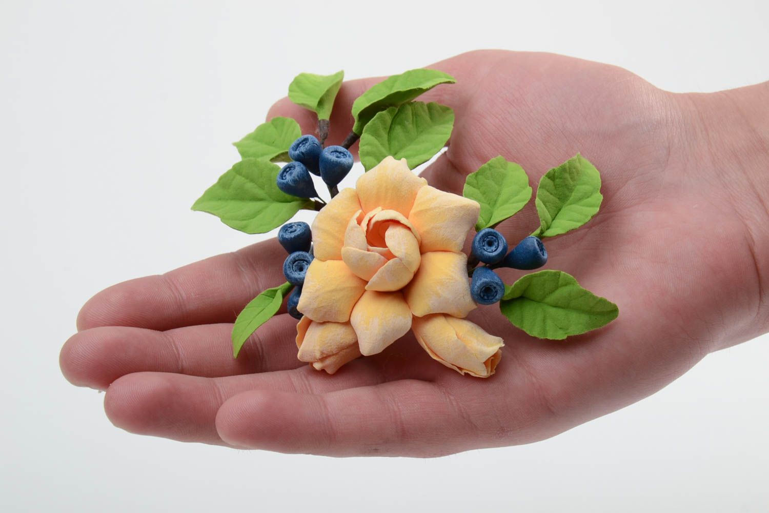 Handmade polymer clay brooch with volume flowers and berries of tender colors  photo 2