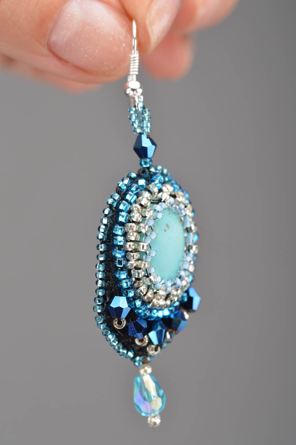 Long handmade festive blue earrings embroidered with beads with turquoise photo 5