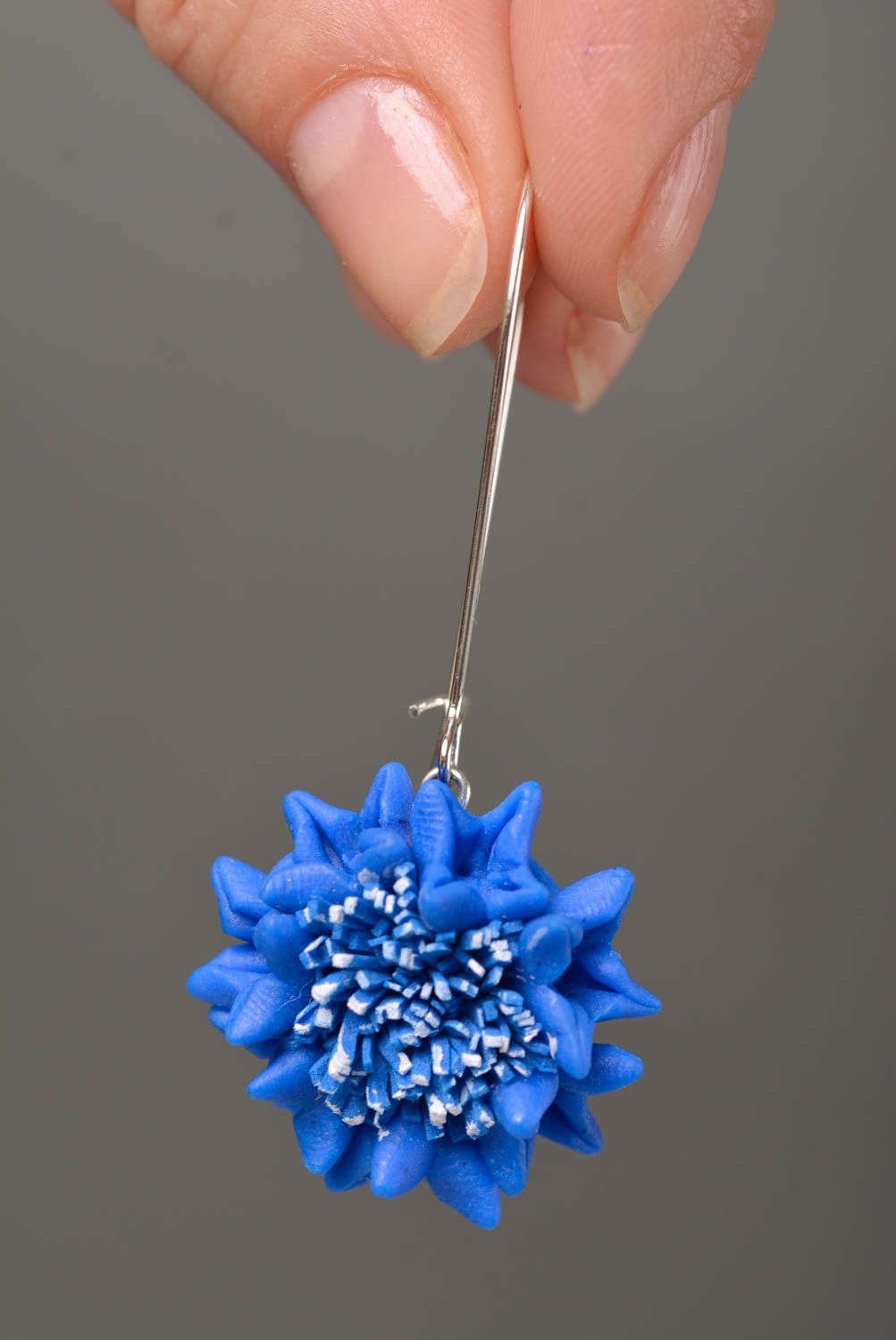 Handmade designer earrings with polymer clay blue cornflowers on metal basis photo 2