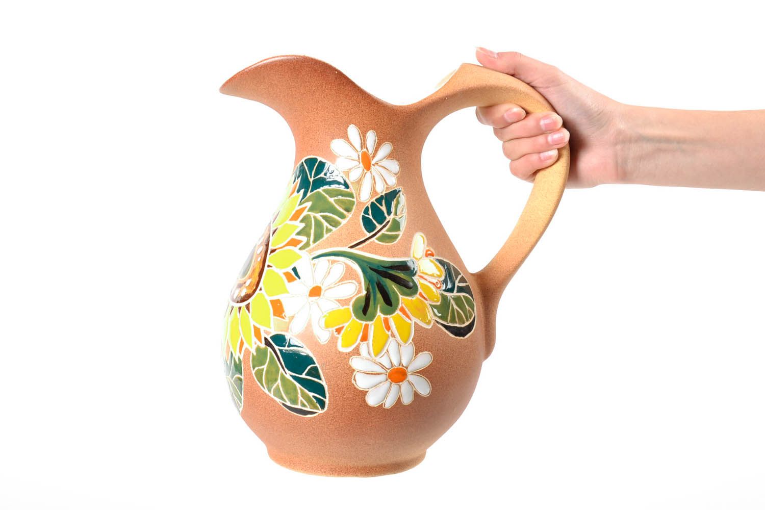 100 oz ceramic water pitcher with handle and floral design in beige, yellow, green colors 4 lb photo 2