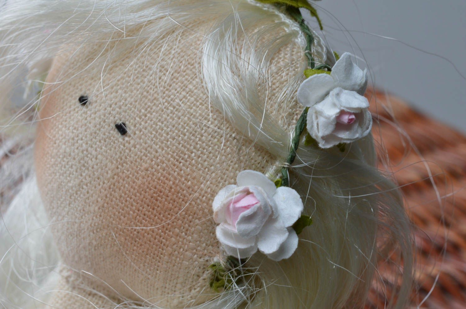 Handmade designer linen fabric interior soft doll in pink dress with light hair photo 2