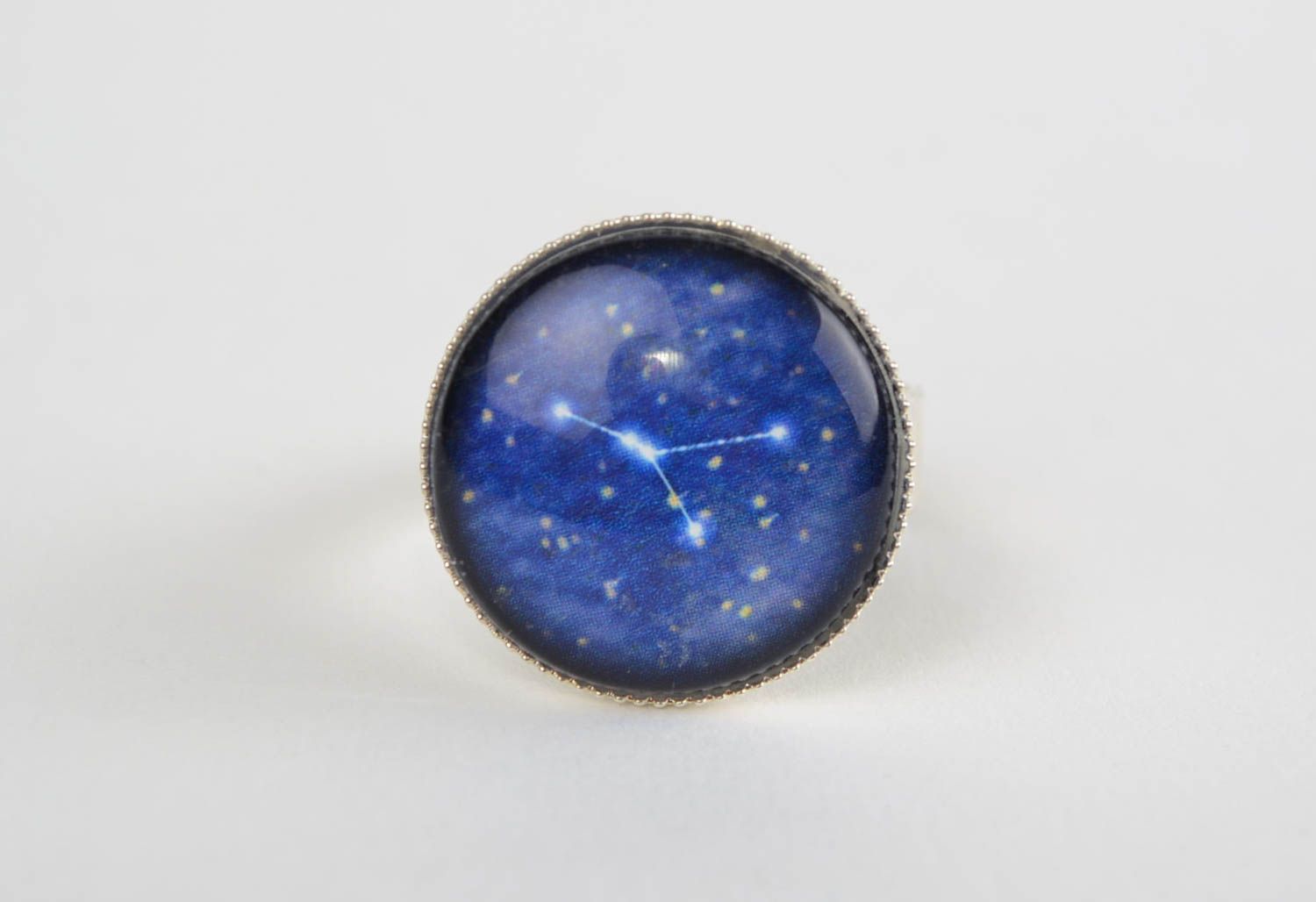 Handmade metal ring with round glass top of blue color Cancer zodiac sign photo 2