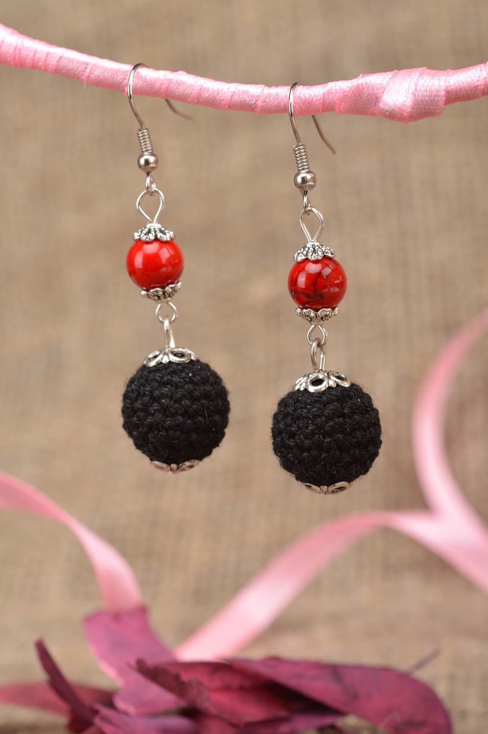 Black beaded crocheted earrings designer handmade accessory for every day photo 1