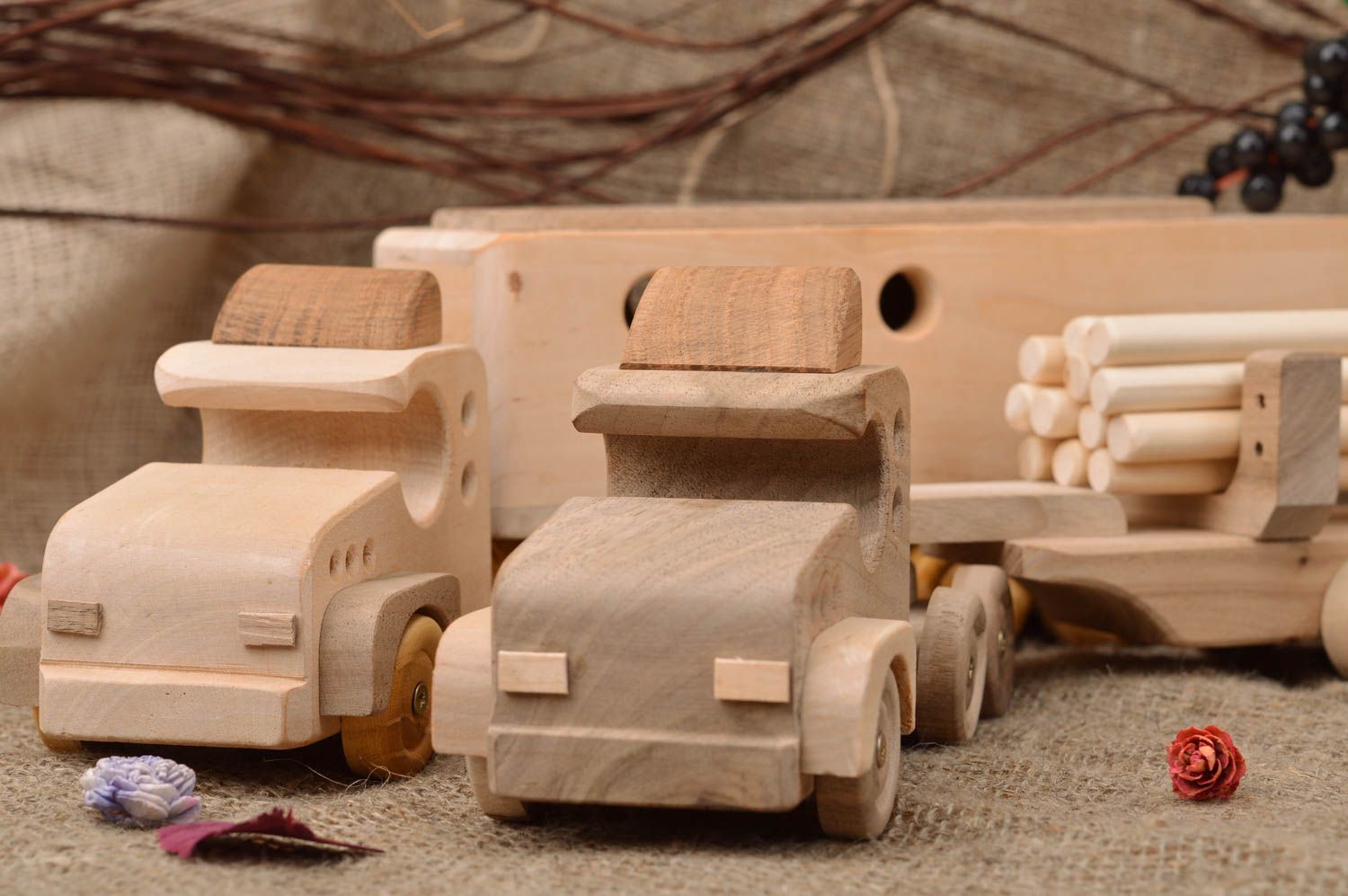 Handmade children's wooden toy cars set 2 pieces trucks with trailer photo 1