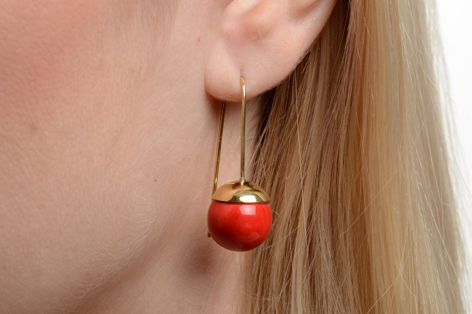 Handmade red ceramic earrings with brass frame and long ear wires photo 5