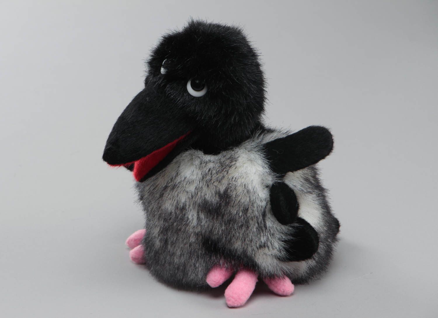 Handmade soft toy glove puppet sewn of black and gray faux fur Crow for kids photo 2