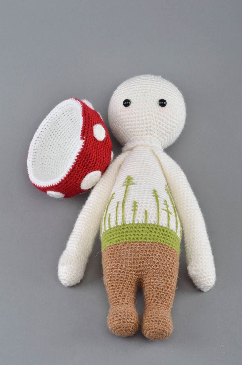 Handmade designer crocheted soft toy sad boy in red and white hat for kids photo 3