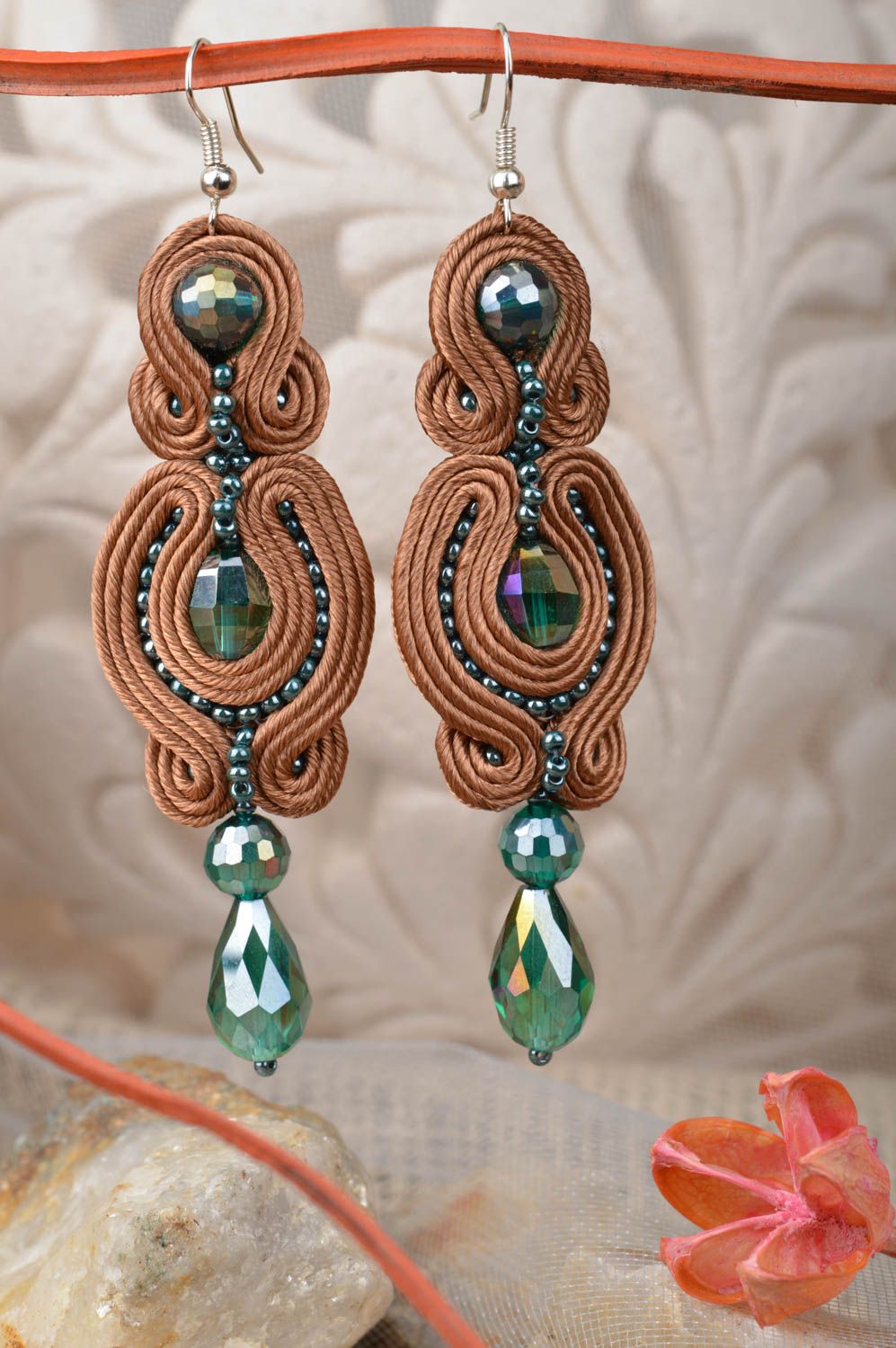 Brown massive long evening earrings created manualy using soutache technique photo 1
