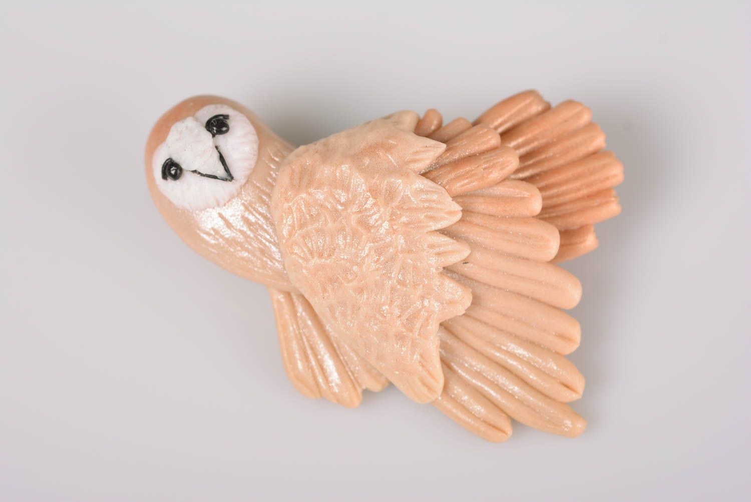 Handmade designer brooch in the shape of volume polymer clay beige owl bird photo 3