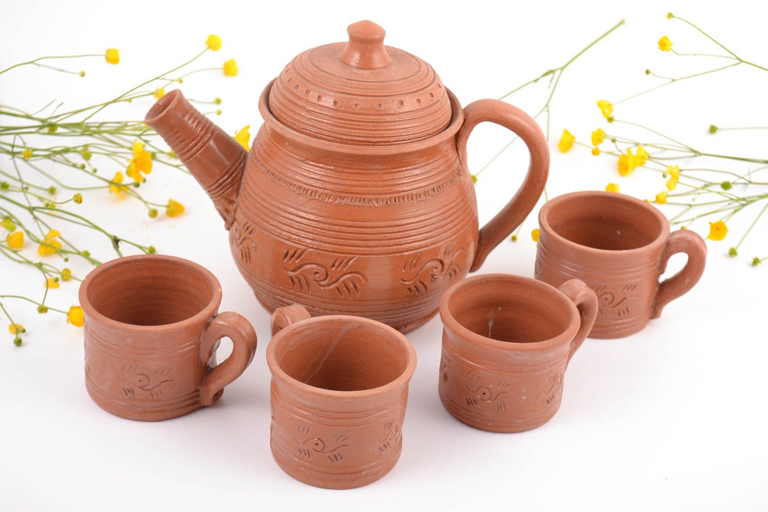 Чайный сервиз ручной работы 4 чашки и заварник глиняные красивые с орнаментом фото 1