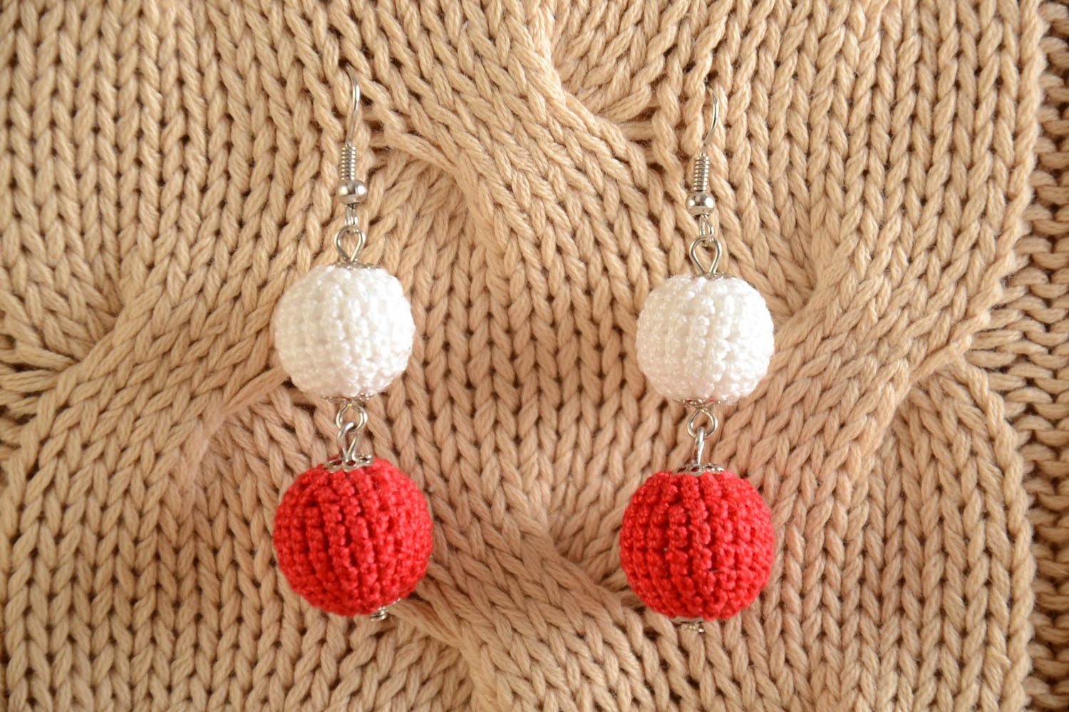 Handmade long red and white bead earrings crocheted over with cotton threads photo 1