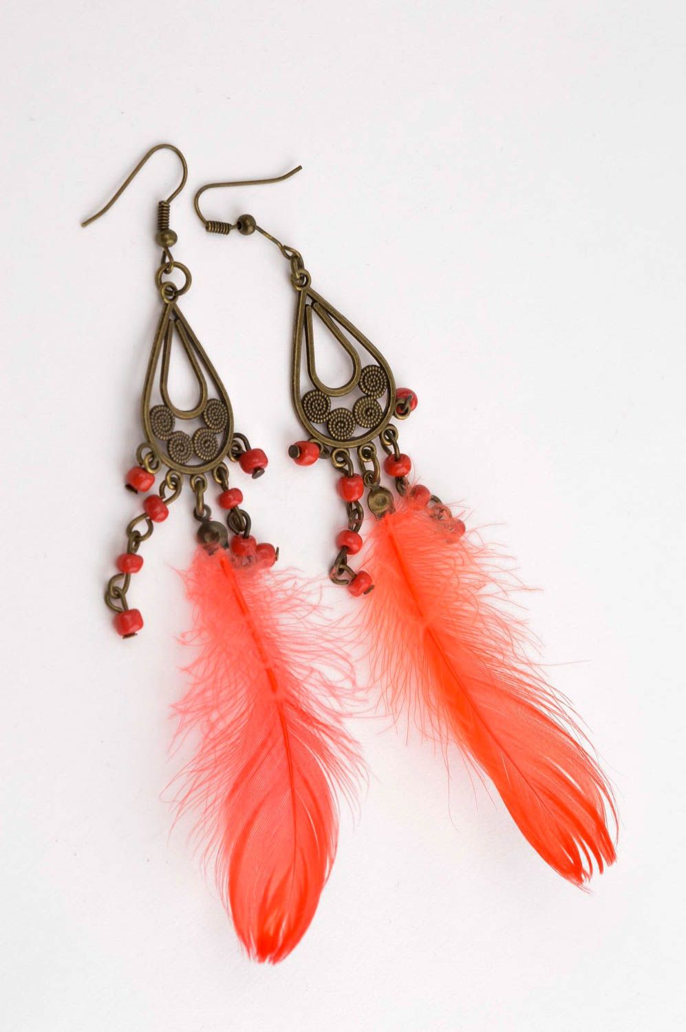 Handmade earrings unusual earrings with feathers clay earrings with charms  photo 3