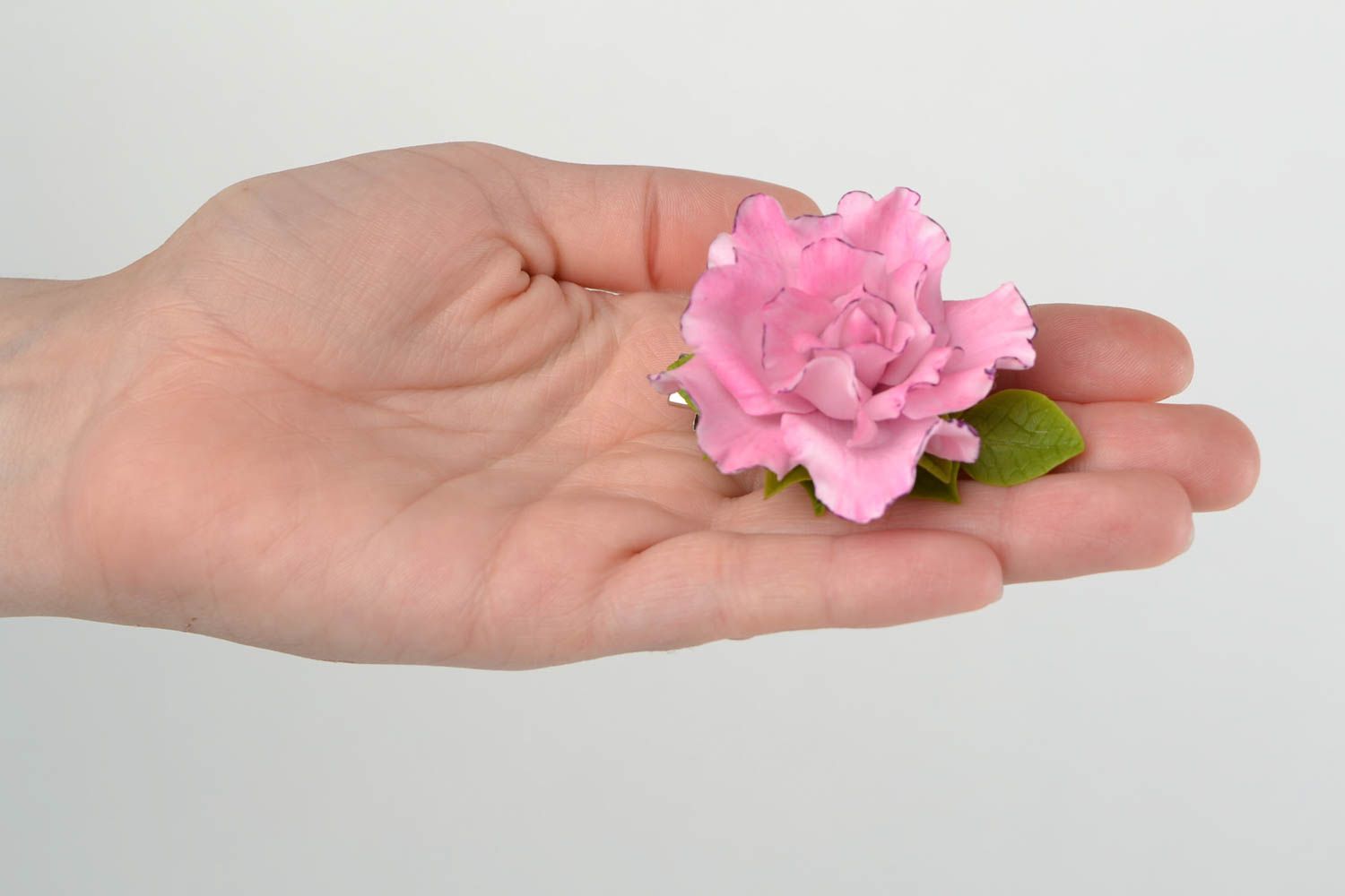 Pretty handmade pink hair clip with flower made of cold porcelain fine accessory photo 2