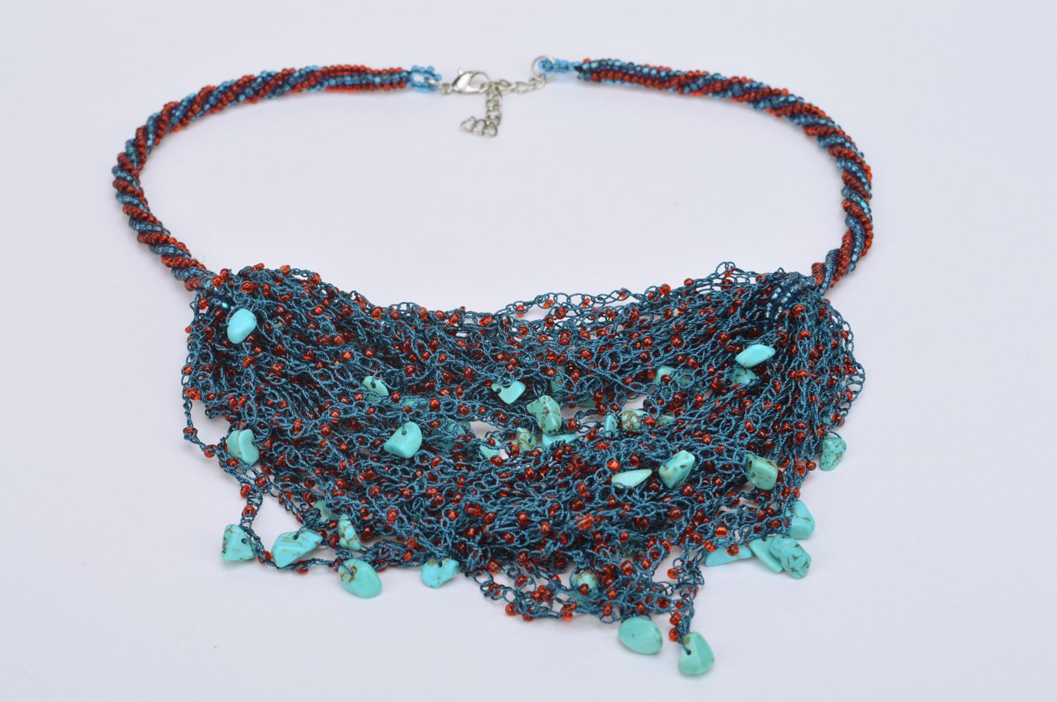 Handmade festive multi row necklace woven of beads and blue coral for women photo 5