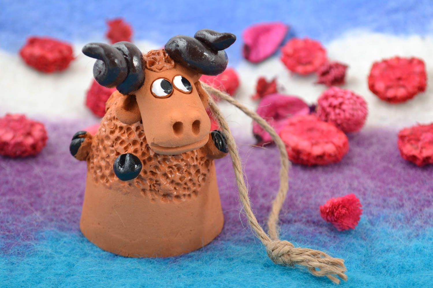 Funny red clay bell sheep on cord handmade decorative interior pendant photo 1