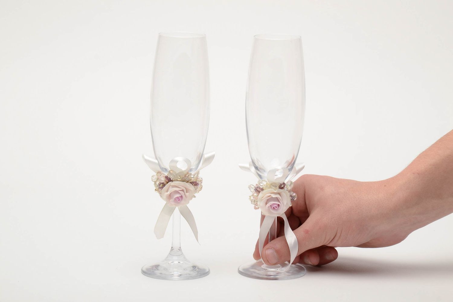 Wedding glasses with polymer clay flowers for groom and bride photo 5