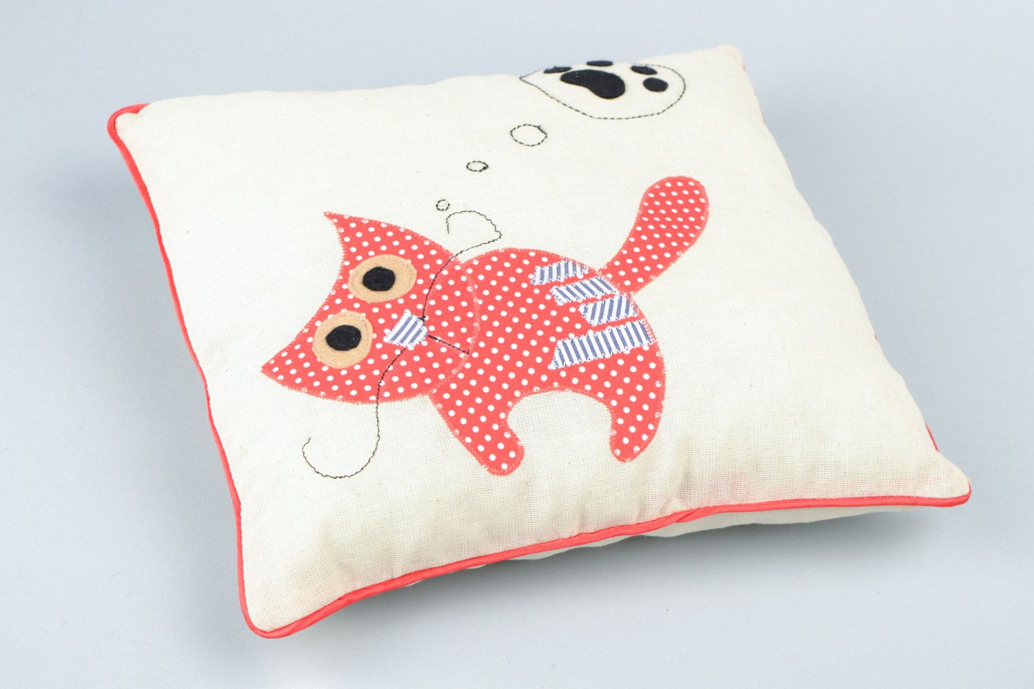 Handmade white square accent pillow with applique work in the shape of red cat photo 3