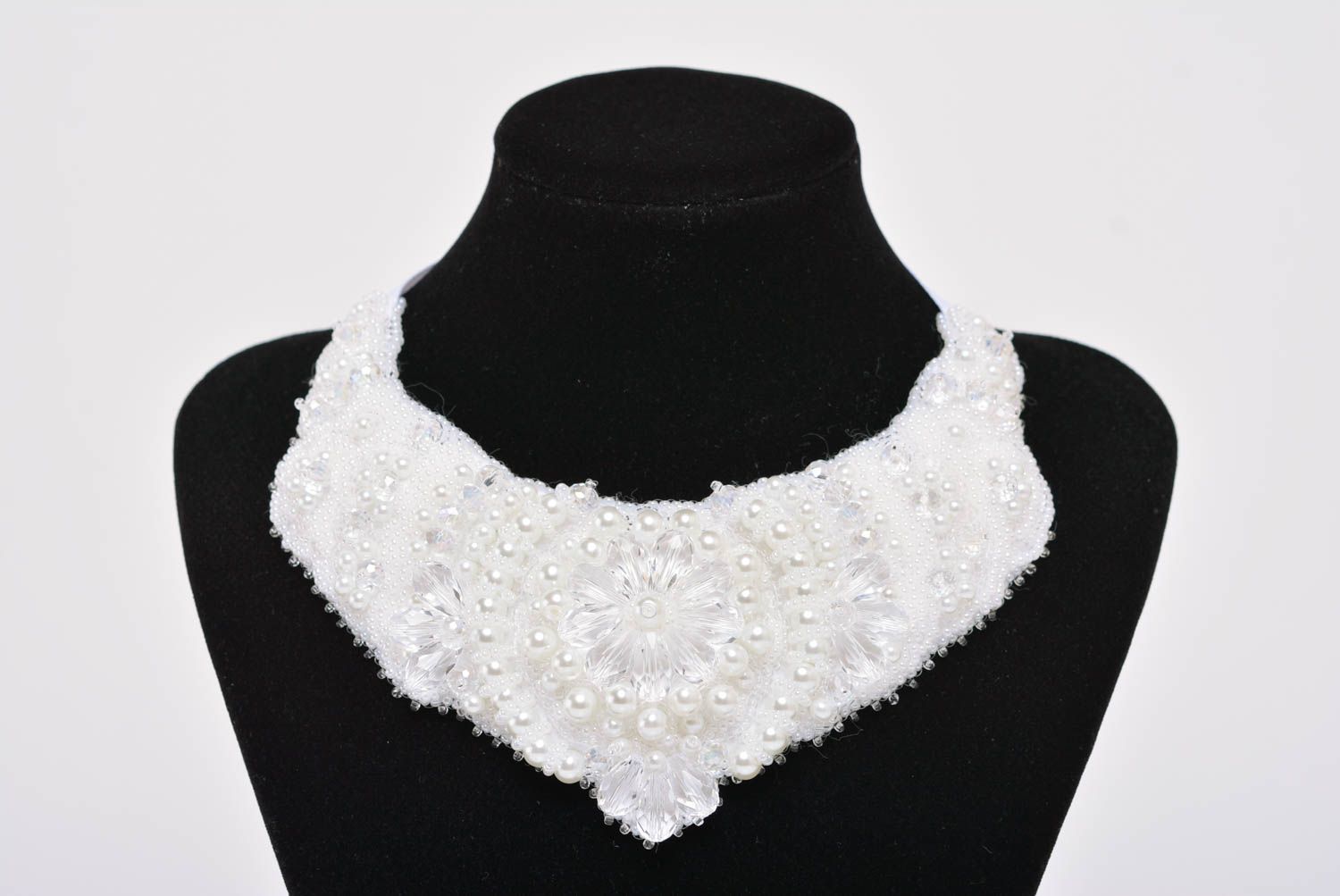 Beautiful white handmade designer jewelry set beaded earrings and necklace photo 2