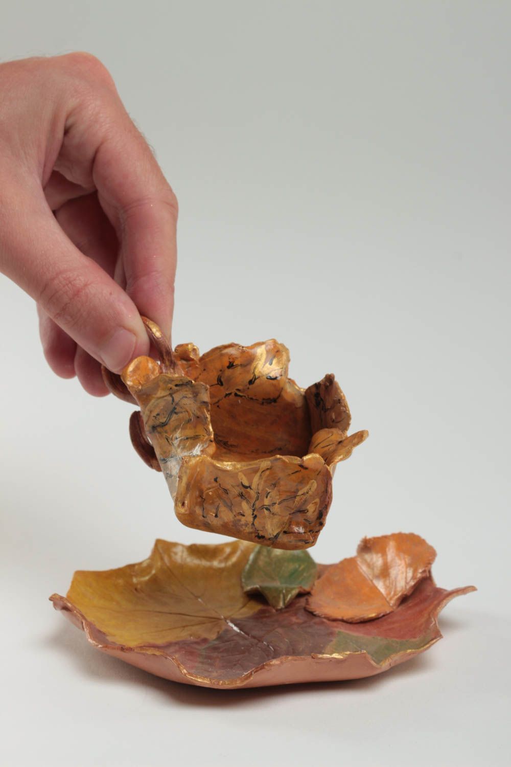 Оригинальный подсвечник из полимерной глины в виде листьев с росписью хэнд мэйд фото 5