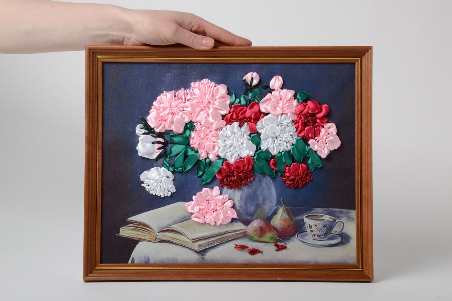Small handmade satin ribbon flower embroidery in frame made of dark wood photo 5