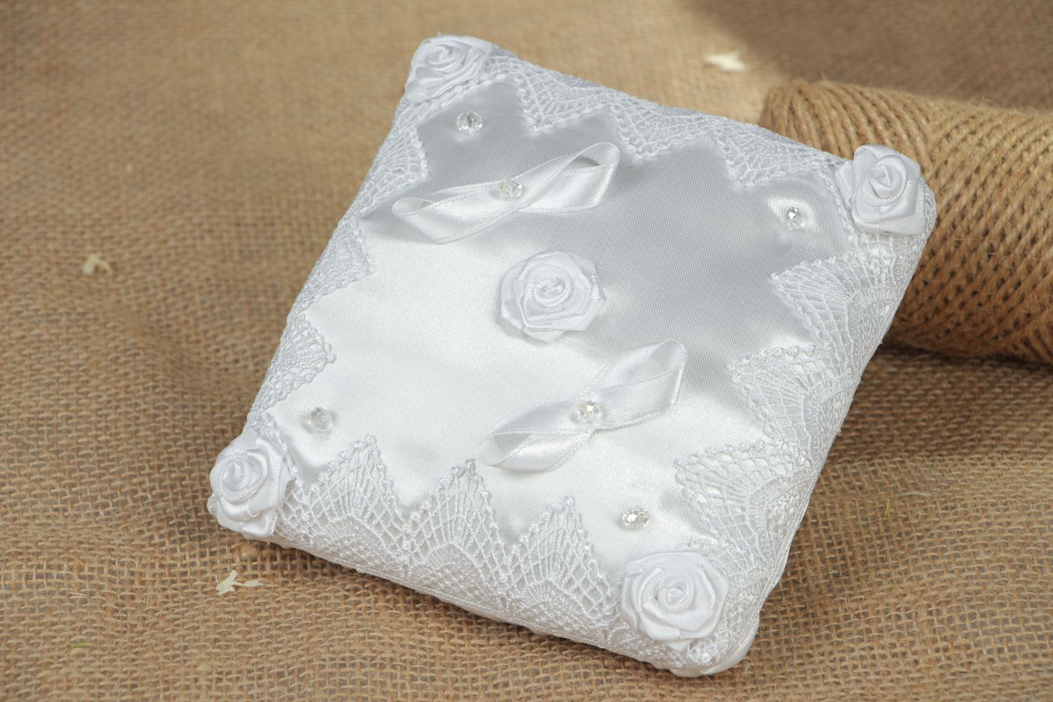 White satin wedding ring pillow photo 5