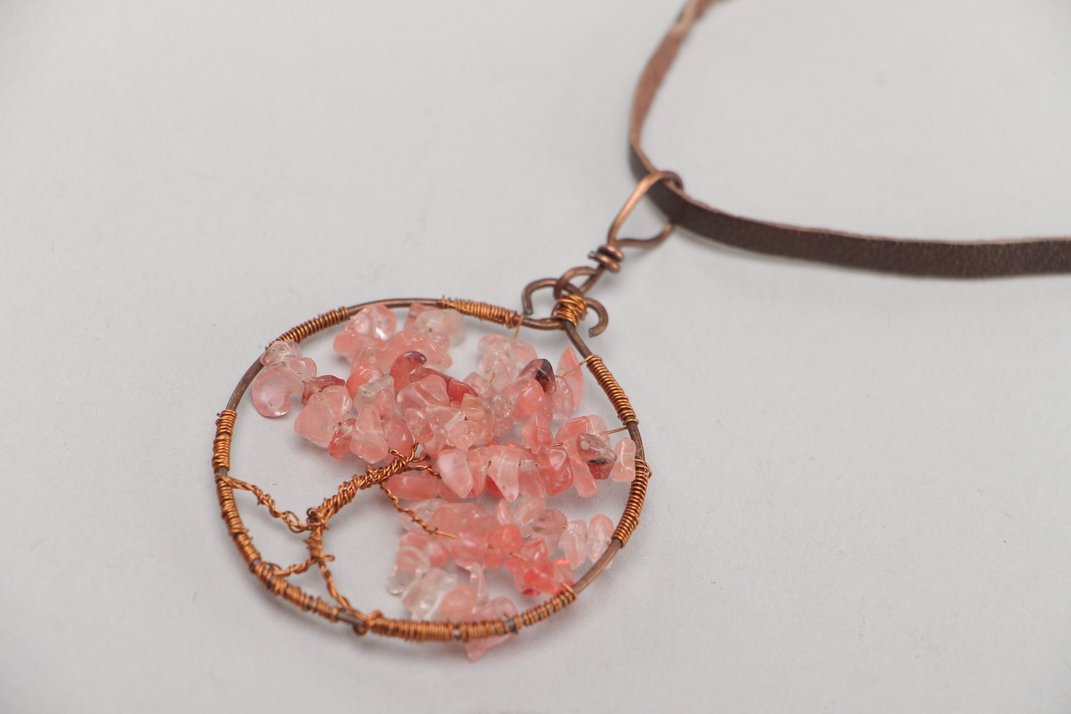 Elegant handmade wire wrap pendant necklace with pink quartz on leather cord photo 3
