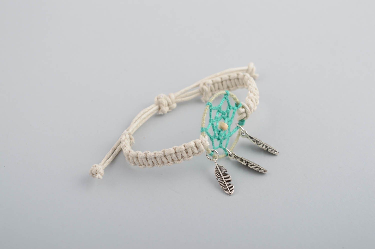Handmade white waxed cord macrame wrist bracelet with dreamcatcher talisman photo 1