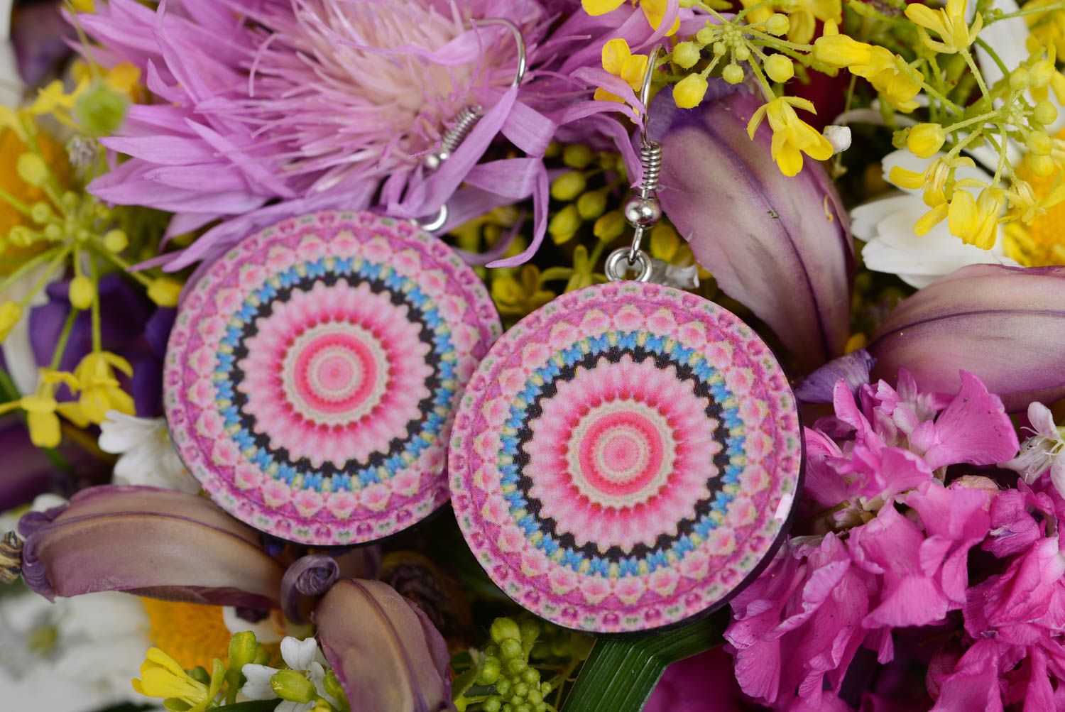 Round earrings with pink polymer clay handmade accessory for every day photo 1