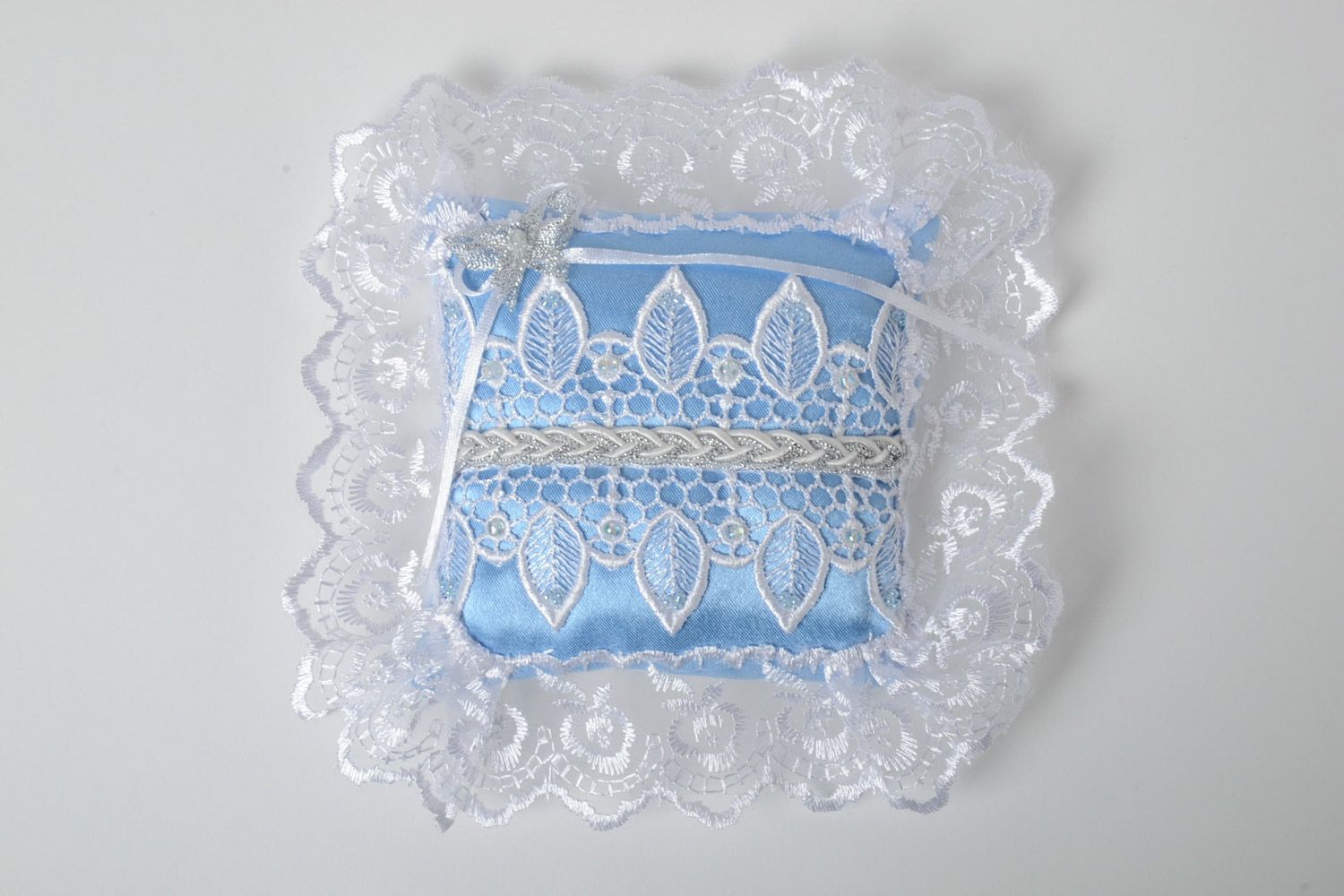 Handmade wedding rings pillow sewn of blue satin with white lace and Czech beads photo 2