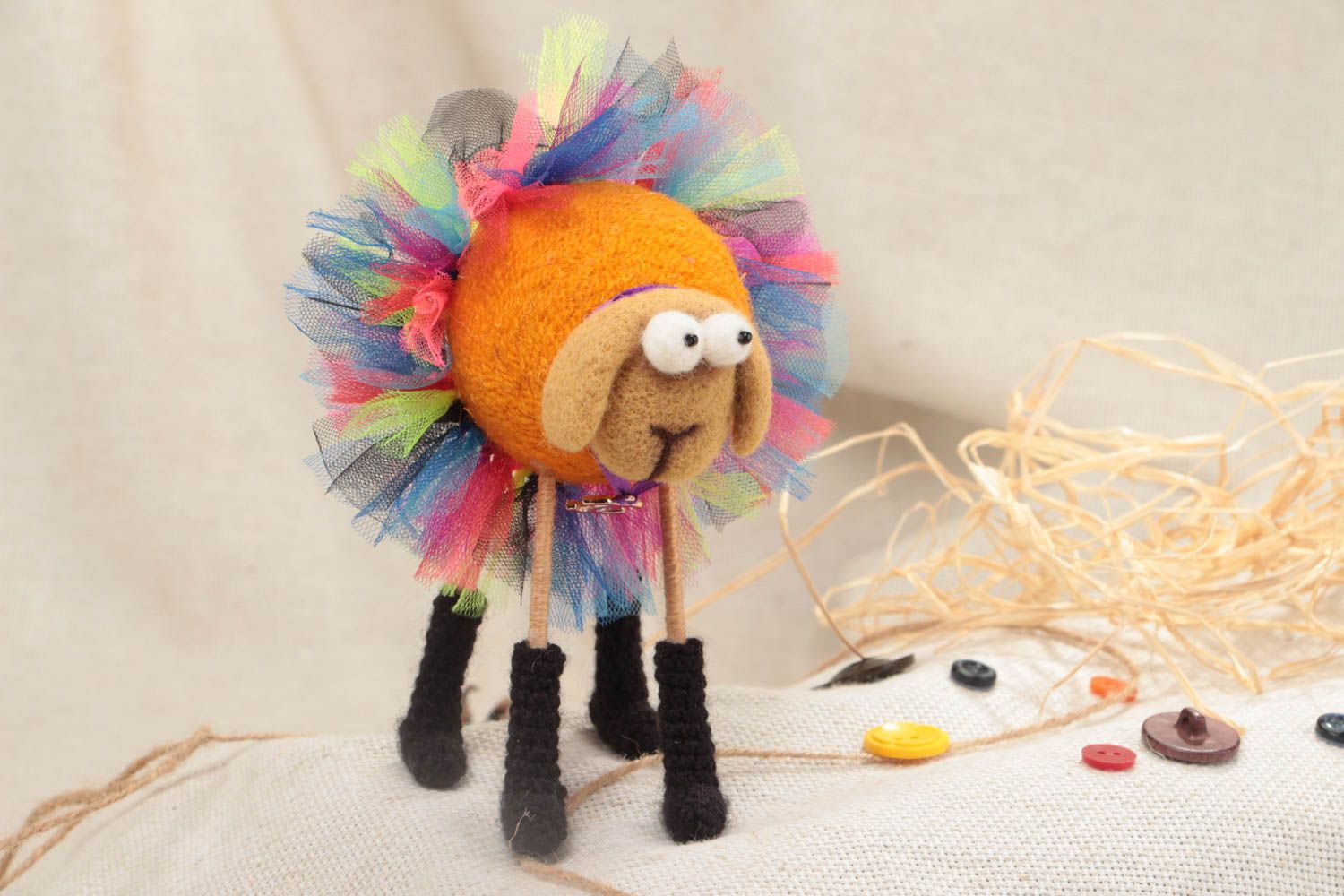 Handmade funny soft toy crocheted and felted of wool lamb in colorful tutu skirt photo 1