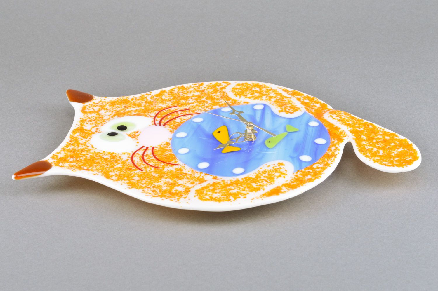 Funny handmade fused glass wall clock in the shape of fat cat for child's room photo 5