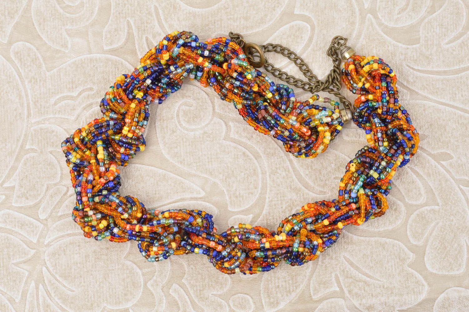 Collier en perles de rocaille Bijou fait main orange-bleu Cadeau pour femme photo 1