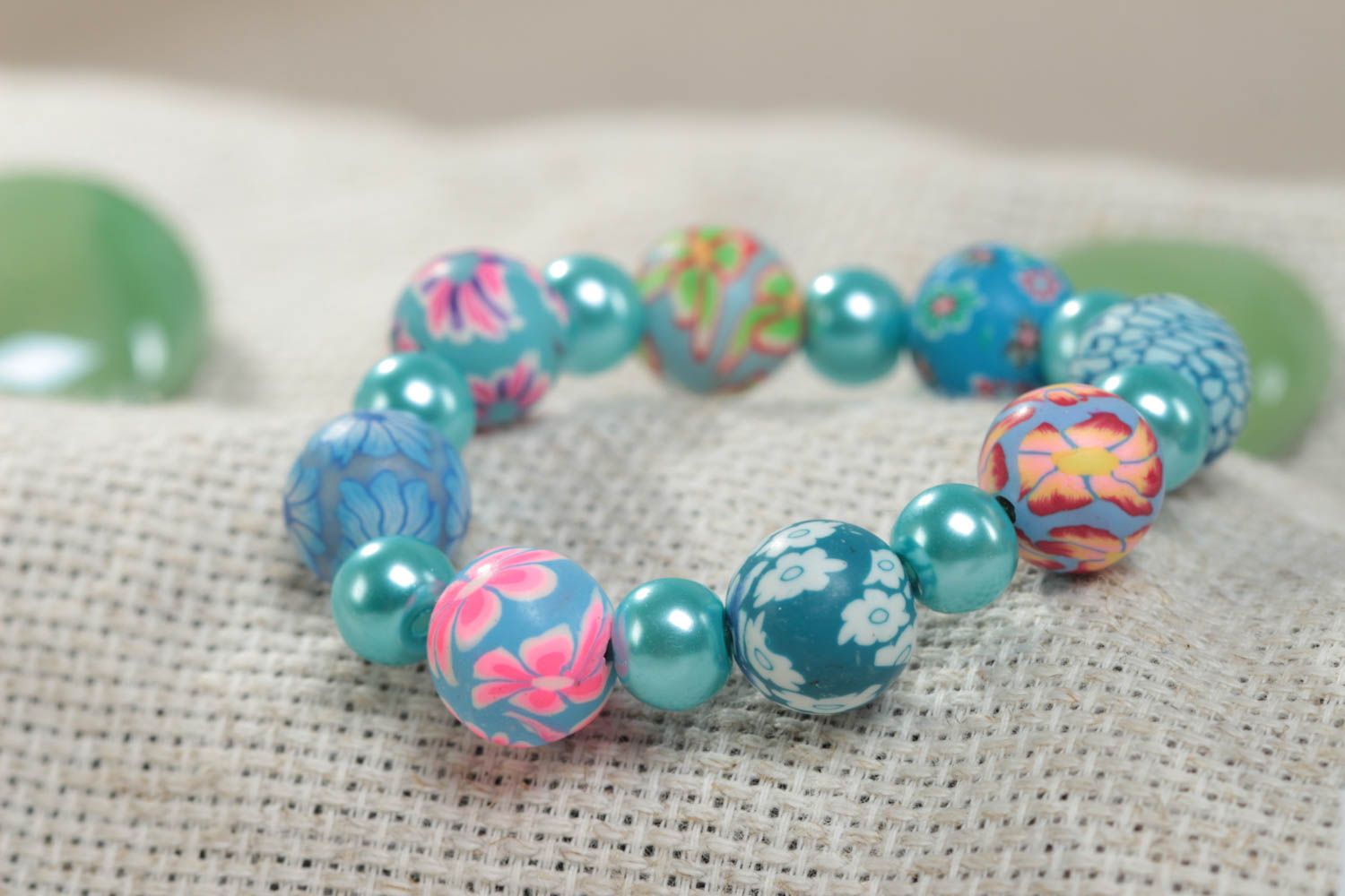 Bracelet en pâte polymère fait main bleu perles en céramique pour enfant photo 1