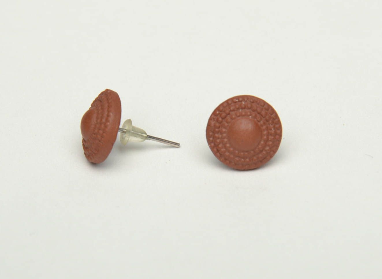 Round clay stud earrings with ornament photo 3