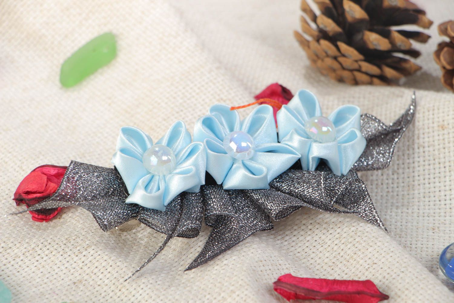 Handmade decorative hair clip with three blue satin ribbon kanzashi flowers photo 1