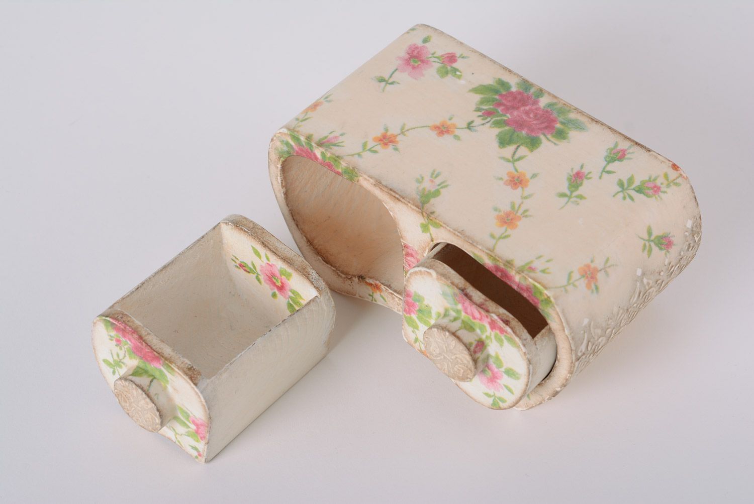 Handmade decoupage wooden jewelry box in the shape of mini dresser with two departments photo 4