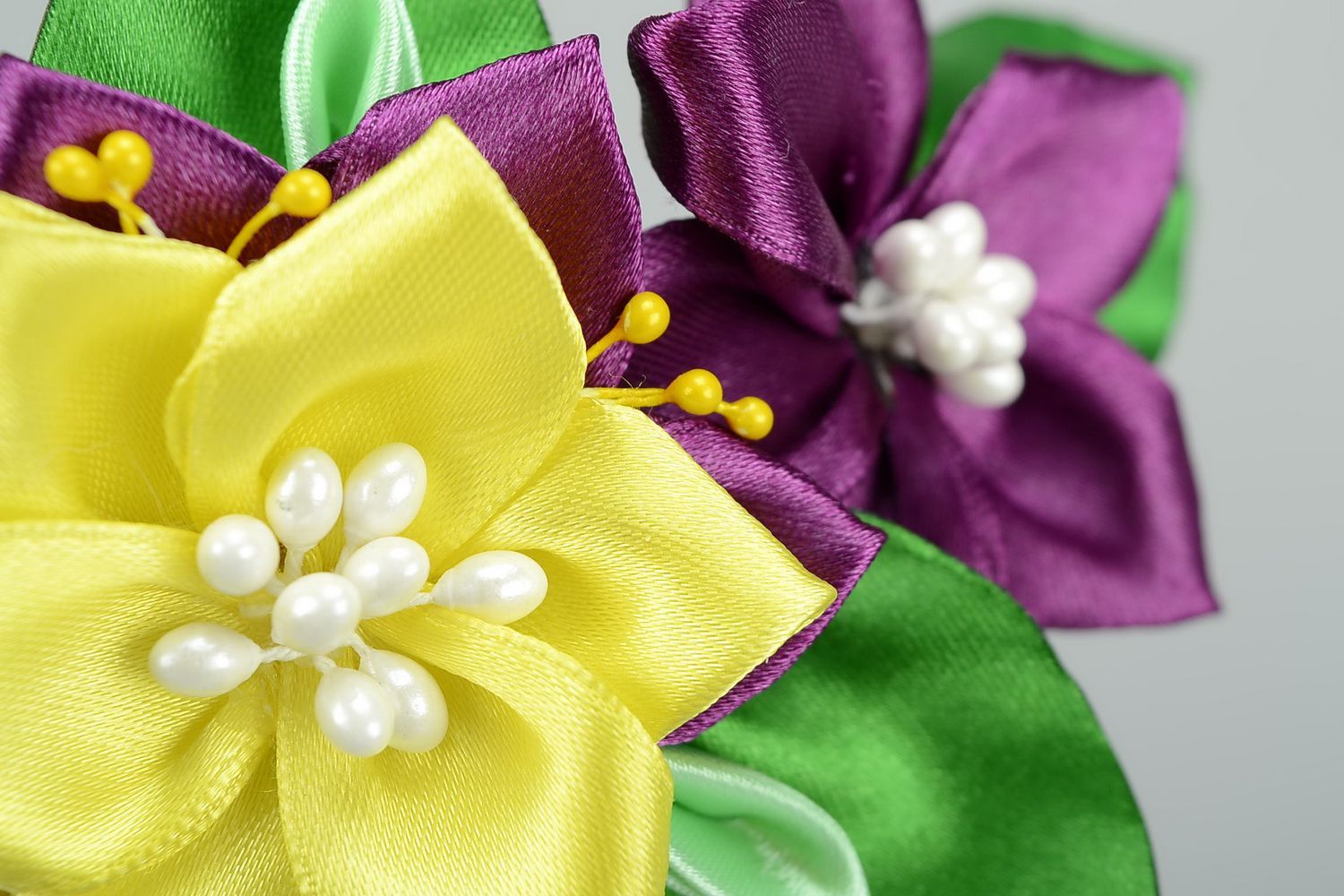 Headband, head wreath with satin flowers Yellow and violet photo 2