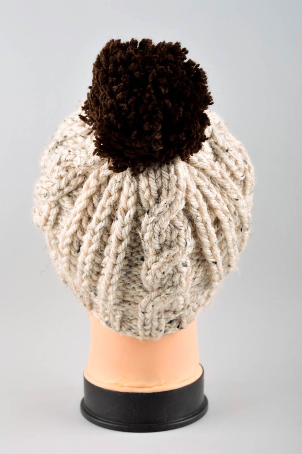 Handmade womens headwear warm winter cap unusual knitted cap with pompon photo 4