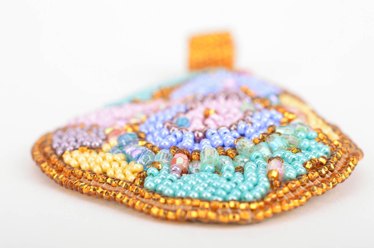 Handmade stylish massive beaded embroidered pendant summer colorful accessory photo 4