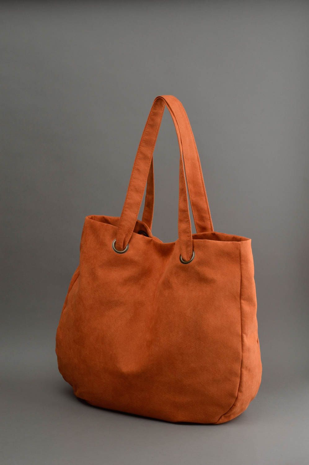 Оранжевая женская сумка мешок из искусственной замши и хлопка ручной работы фото 2