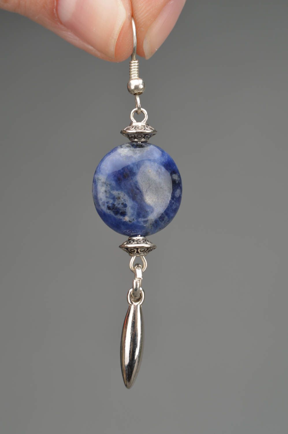 Beautiful homemade designer long metal earrings with blue beads photo 3
