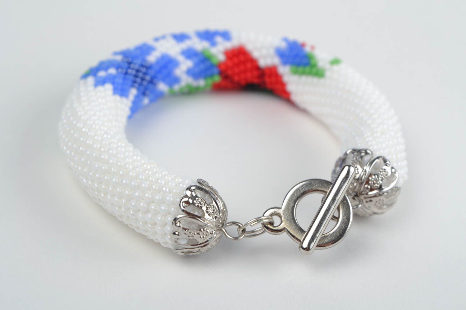 Bracelet spirale en perles de rocaille à motif floral fait main Pavot et bleuet photo 5