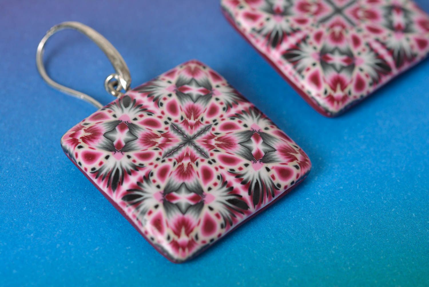 Handmade square polymer clay dangle earrings with colorful geometric ornament photo 3