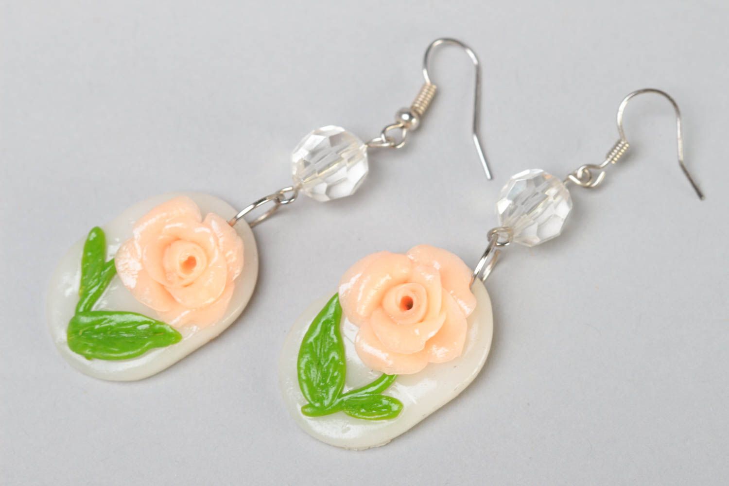 Handmade designer dangling earrings with polymer clay flowers of cream color photo 2