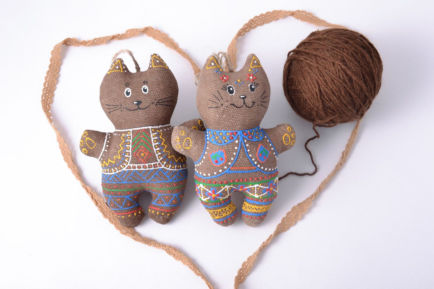 Set of 2 handmade painted hanging soft toys cats with eyelets and coffee aroma photo 1